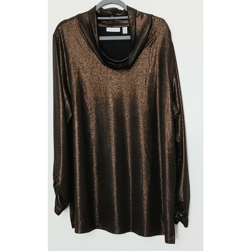 Susan Graver Tunic Top Women's Size 2X Brown Cowl Neck Ruched Sleeves Shiny